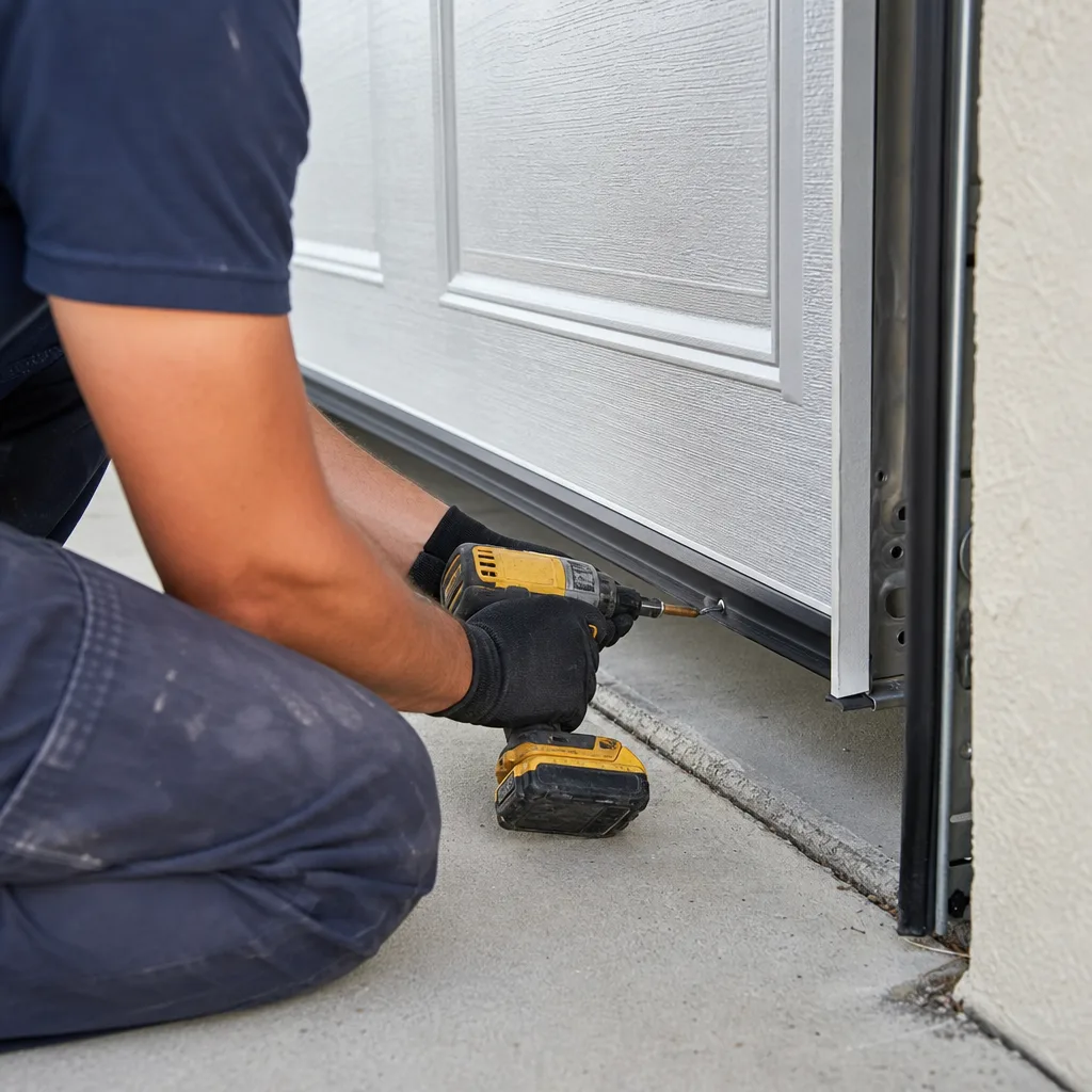 Technician using a cordless drill to install a new garage door