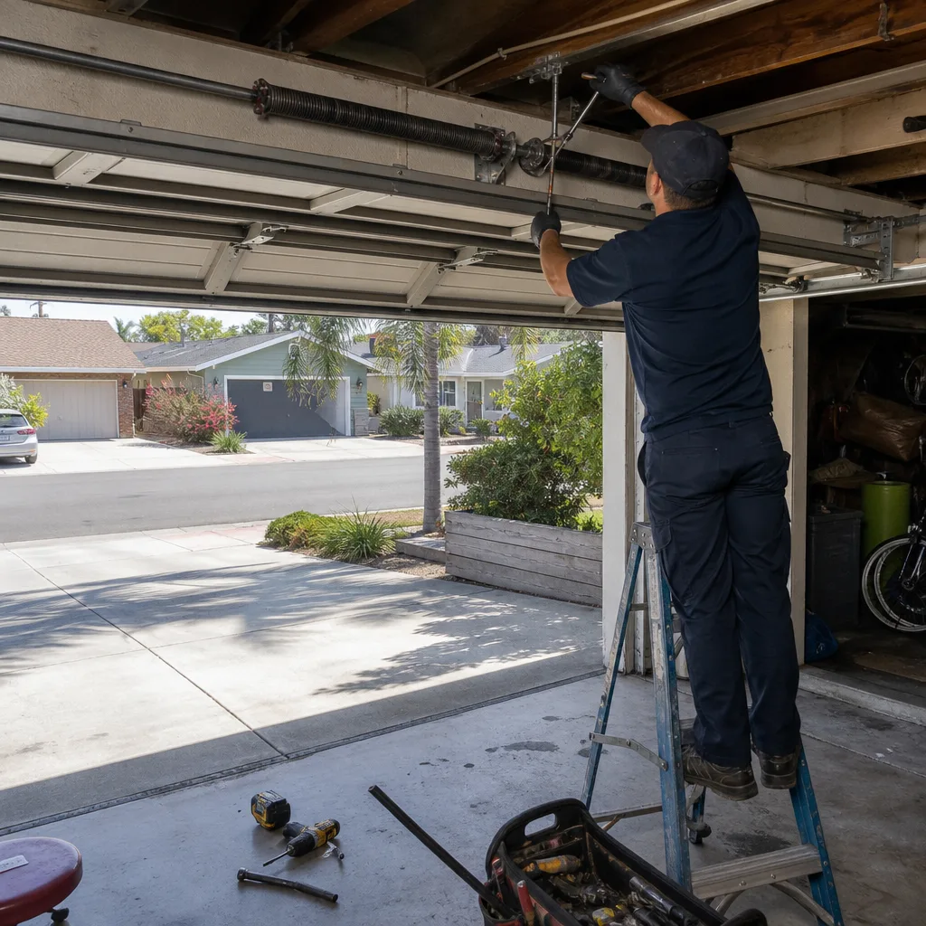 Technician performing professional garage door spring repair and maintenance