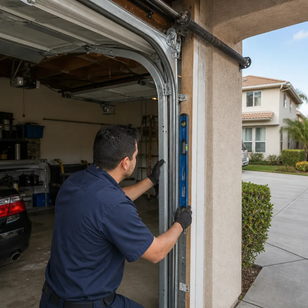 Technician checking vertical alignment of garage door track with a level