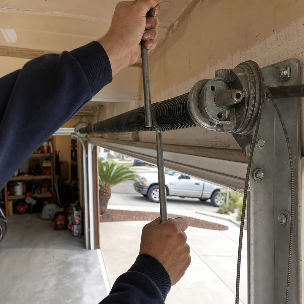Technician performing professional garage door torsion spring repair