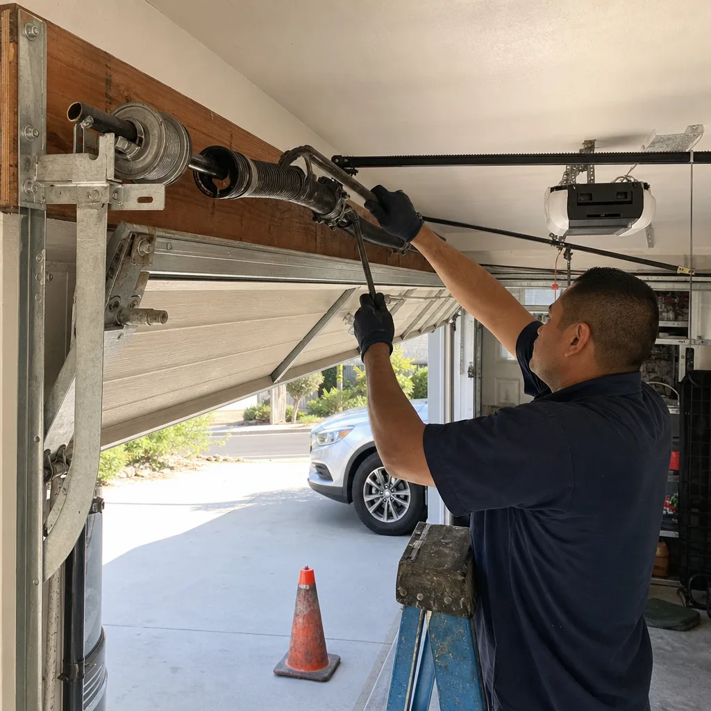 Technician performing professional garage door spring repair and maintenance